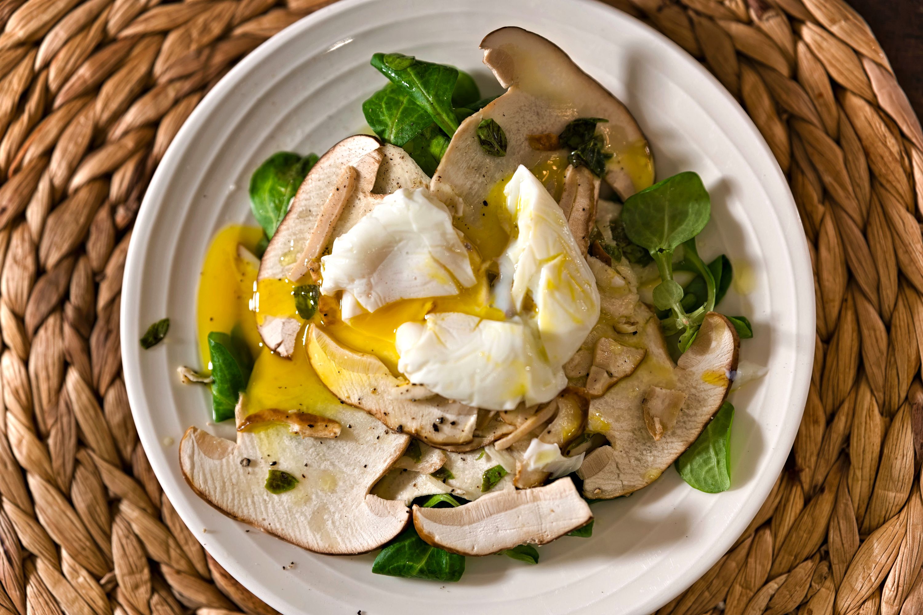 Porcini Salad with Raw Marinated Mushrooms and Poached Egg