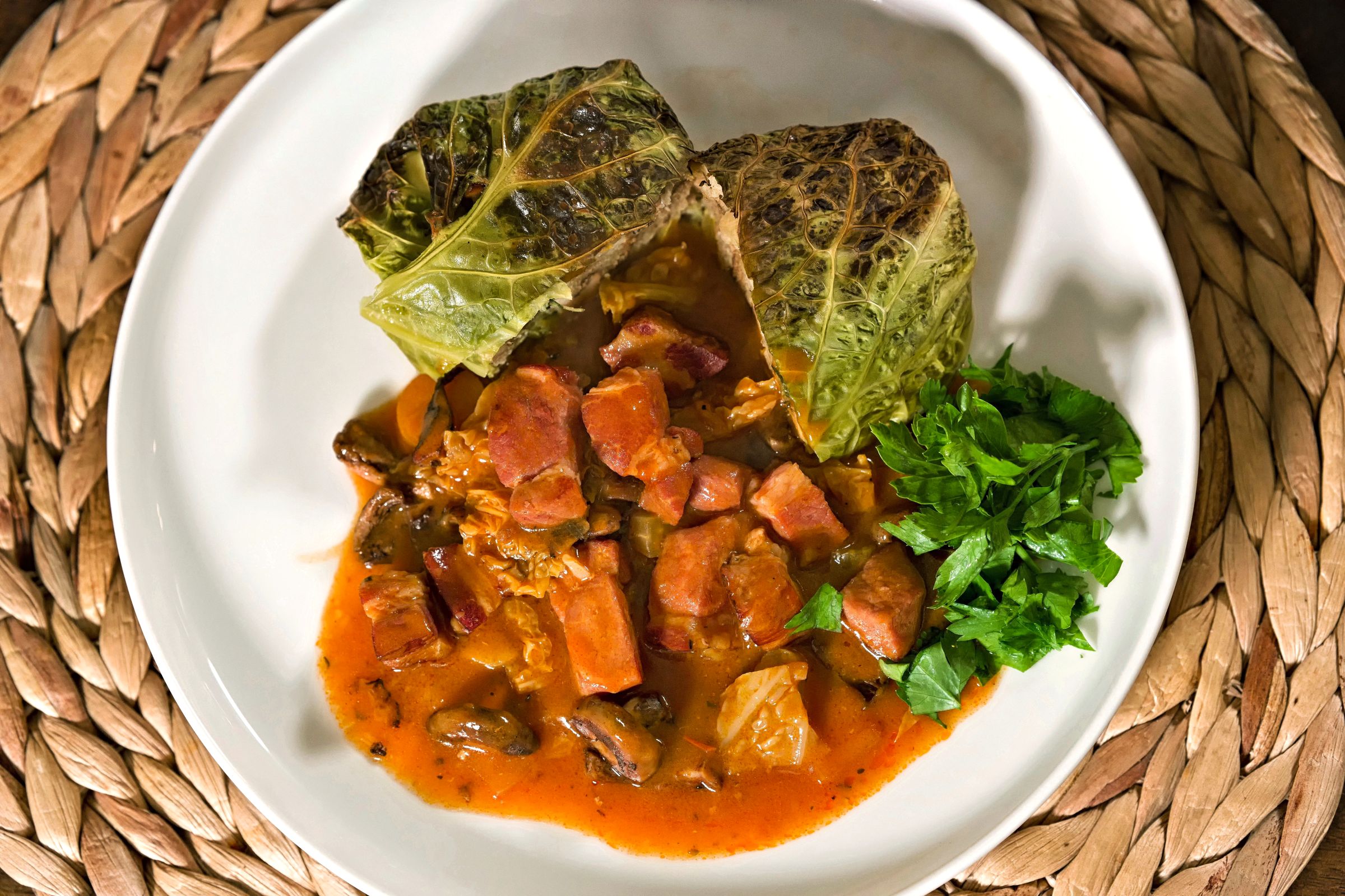 Smoked Pork Goulash with Saffron Milk Caps and Stuffed Savory Cabbage "Pied de Mouton"